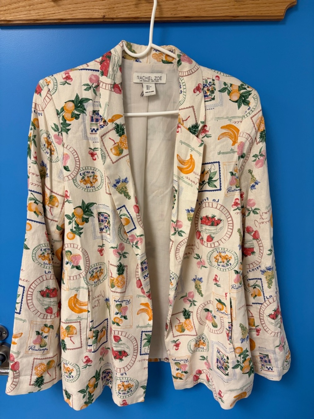 NWOT Rachel Zoe Cream Fruit-Print Lightweight Blazer Size L